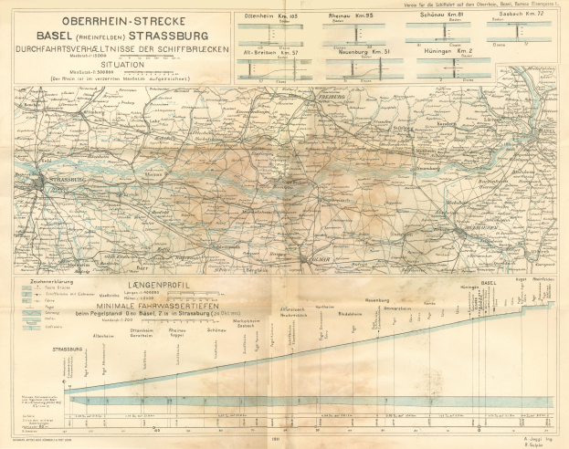 Ein altes Kartenbild des Basel-Strasburg-Gebiets in Deutschland, das den Umfang der Bahnlinie anzeigt.