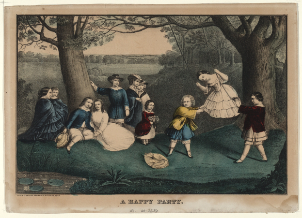 Eine Gruppe von Kindern spielt in einem Park mit Bäumen, Pflanzen und Gras, einige sitzen und andere stehen, mit dem Text "Ein fröhliches Fest" unten.