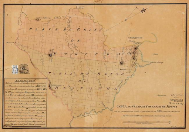 Ein altes Brasilien-Karte in einem Photo-Rahmen, das die Provinzen von Brasilien und Brasilien hervorhebt, mit dem Text "Copia do Plano da Contenda de Moura".