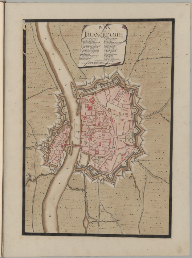 Ein altes Buch mit einer detaillierten Karte von Frankfurt, Deutschland, mit sichtbaren Straßen, Gebäuden und Sehenswürdigkeiten, begleitet von Text, der zusätzliche Informationen bietet.