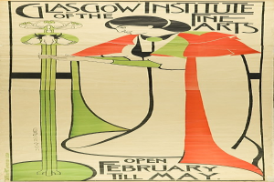 Ein Plakat, das das Glasgow Institute of Fine Arts bewirbt und eine Frau in einem roten Kleid zeigt.