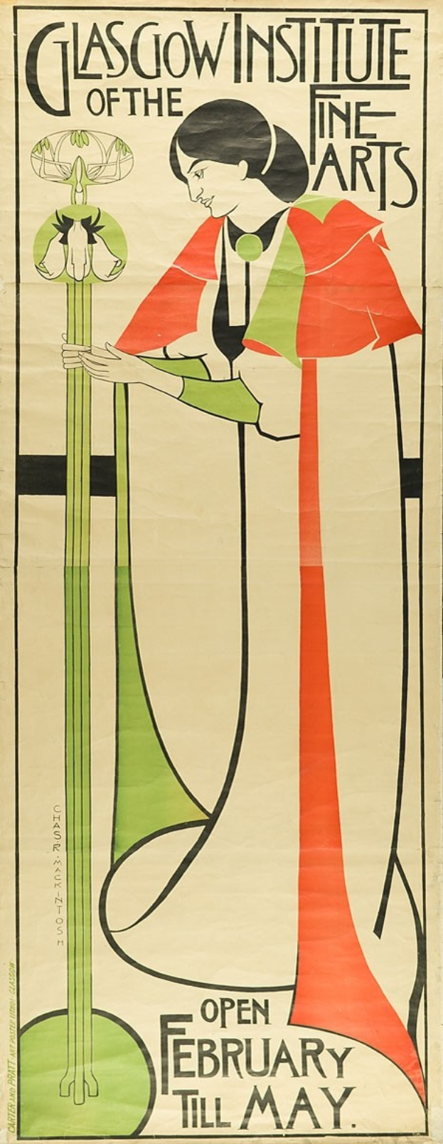 Ein Plakat, das das Glasgow Institute of Fine Arts bewirbt und eine Frau in einem roten Kleid zeigt.