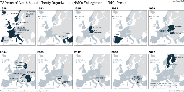 Eine Karte, die die 73-jährige Erweiterung der Nordatlantikvertragsorganisation (NATO) von 1949 bis heute veranschaulicht, unterteilt in Regionen, die verschiedene Jahre repräsentieren.