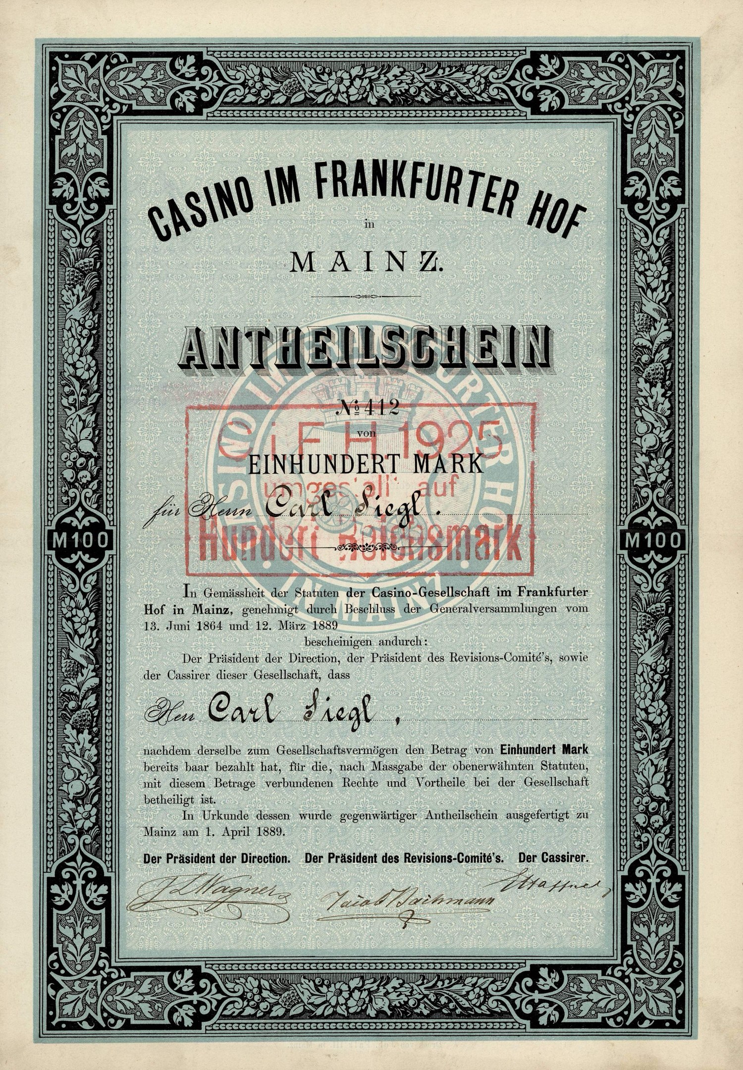 Altes Aktienzertifikat mit schwarzem Rand, rotem Stempel und der Aufschrift "Casino im Frankfurter Hof Mainz".
