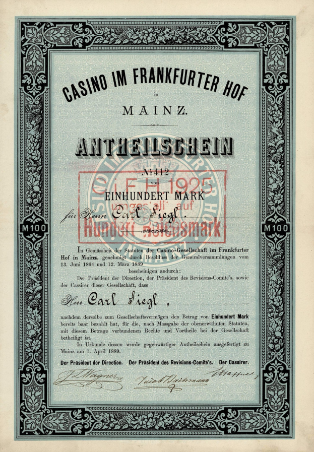 Altes Aktienzertifikat mit schwarzem Rand, rotem Stempel und der Aufschrift "Casino im Frankfurter Hof Mainz".
