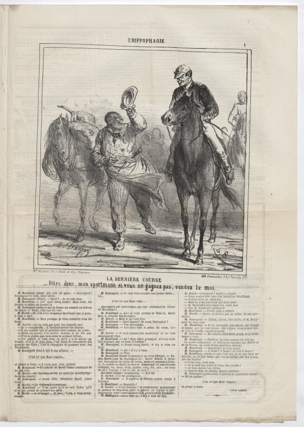 Ein altes Buch mit einer Illustration von zwei Männern zu Pferd, einer hält einen Hut, beide mit entschlossener Miene.