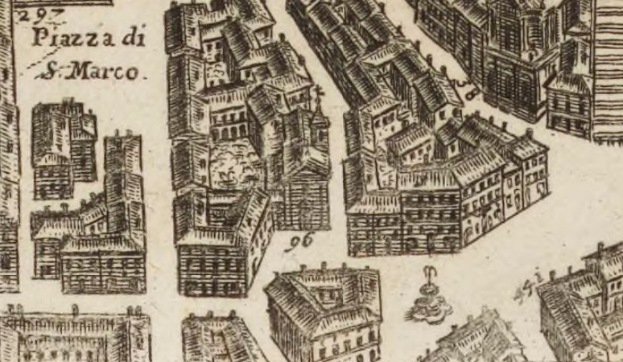 Ein detailliertes Stadtplan mit verschiedenen einzigartig gestalteten Gebäuden und handgeschriebenen Notizen auf dem Papier.