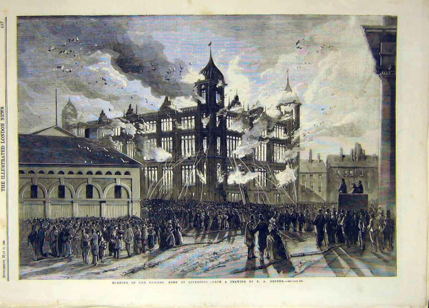 Ein altes Druckwerk, das ein brennendes Gebäude mit Menschen davor zeigt, Flammen und Rauch aus den Fenstern schlagen, unter einem bewölkten Himmel mit fliegenden Vögeln und Text auf dem Papier.