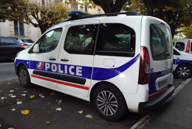 Ein Polizeiwagen auf einer Straße mit Gebäuden, Bäumen und welken Blättern geparkt.