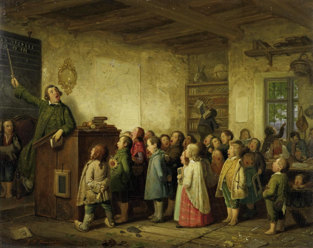 Ein Bild mit dem Titel "Die Musikschule" von Johannes Vermeer zeigt eine Gruppe von Kindern in einem Klassenzimmer mit einem Mann an einem Pult, der einen Stock, Büccher und andere Gegenstände hält, eine Tafel mit Text auf der linken Seite, Gegenstände an der rechten Wand, ein Fenster, einen Schrank, eine Tür und ein Dach im Hintergrund.