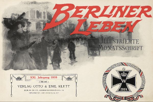 Ein altes Buchcover mit einer Gruppe von Menschen in feierlicher Stimmung, mit dem Text "Berliner Leben" und einem Logo, das mit der deutschen Militär in Verbindung steht.