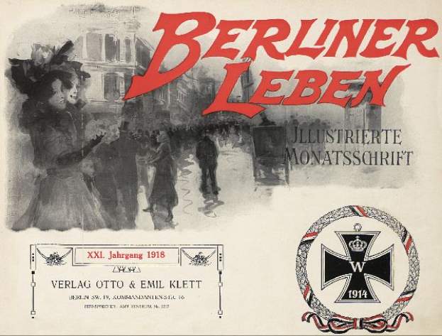 Ein altes Buchcover mit einer Gruppe von Menschen in feierlicher Stimmung, mit dem Text "Berliner Leben" und einem Logo, das mit der deutschen Militär in Verbindung steht.