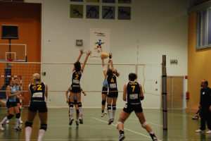 Ein Volleyballspiel im Gange auf einem Indoor-Court mit einem Basketballkorb im Hintergrund.