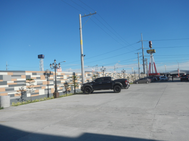 Ein großer Lkw auf einem Parkplatz neben einer Wand geparkt, mit Straßenlaternen, Strommasten mit Drähten, Bäumen und einem bewölkten Himmel im Hintergrund.
