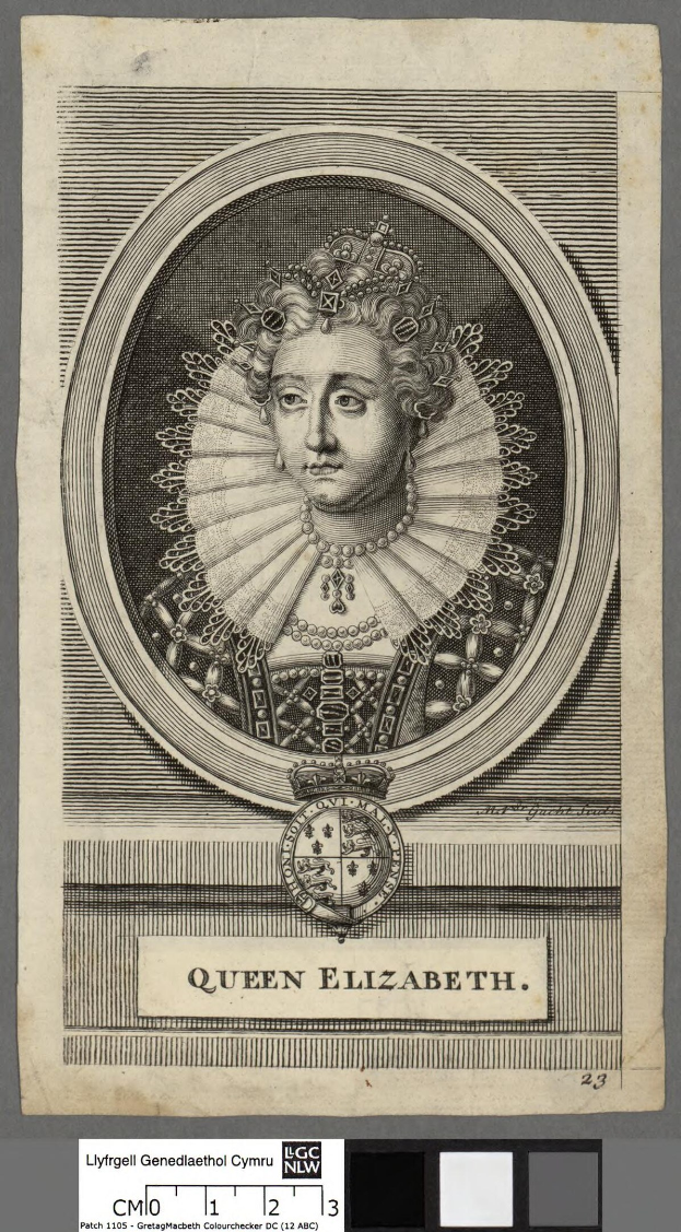 Porträt der Queen Elizabeth I. von England in königlicher Kleidung, einschließlich einer Krone und Tiara, mit einem würdevollen Gesichtsausdruck und einer Hochsteckfrisur vor einem grauen Hintergrund.