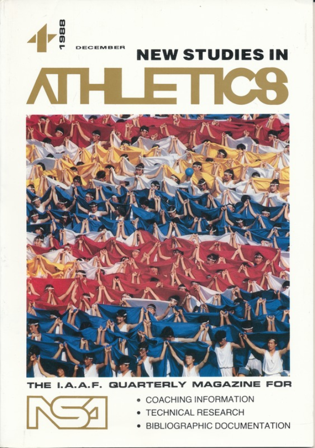Ein Buchumschlag mit der Aufschrift "Neue Studien im Leichtathletik 1988", der eine Gruppe von Menschen in Sportbekleidung zeigt, die unter einem hellblauen Himmel mit weißen Wolken und entfernten Bäumen trainieren, mit fetter schwarzer Schrift auf einem weißen Rand.