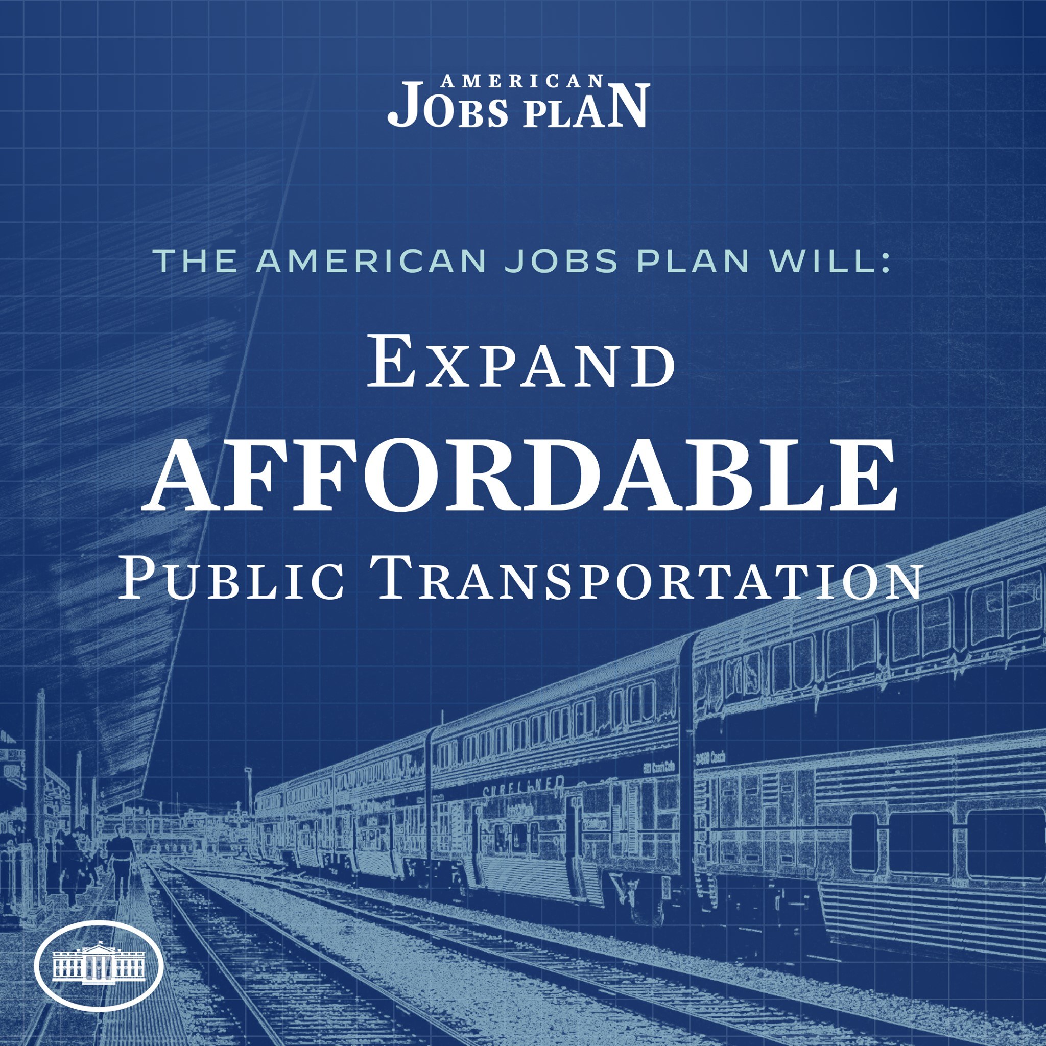 Plakat mit einem Zug auf einer Bahnstrecke mit einigen Menschen in der Nähe, das "The American Jobs Plan Will Expand Affordable Public Transportation" bewirbt.