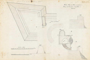 Eine Seite aus einem Buch mit einem detaillierten architektonischen Plan des Opernhauses von 1845, einschließlich einer Zeichnung einer Ecke mit einem Loch, umgeben von Text und anderen Illustrationen.