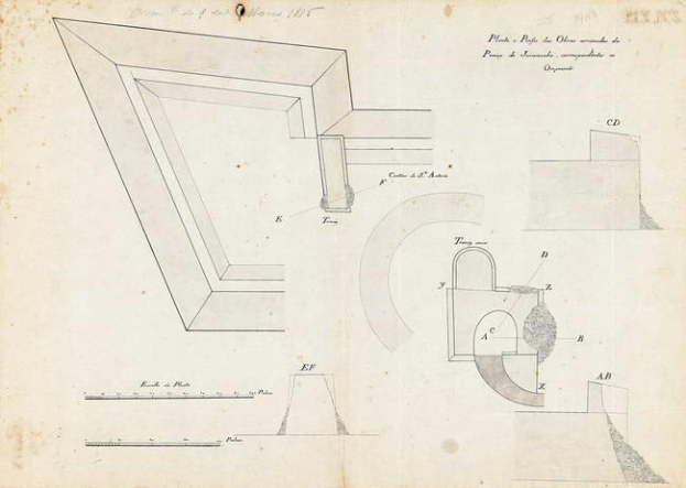 Eine Seite aus einem Buch mit einem detaillierten architektonischen Plan des Opernhauses von 1845, einschließlich einer Zeichnung einer Ecke mit einem Loch, umgeben von Text und anderen Illustrationen.