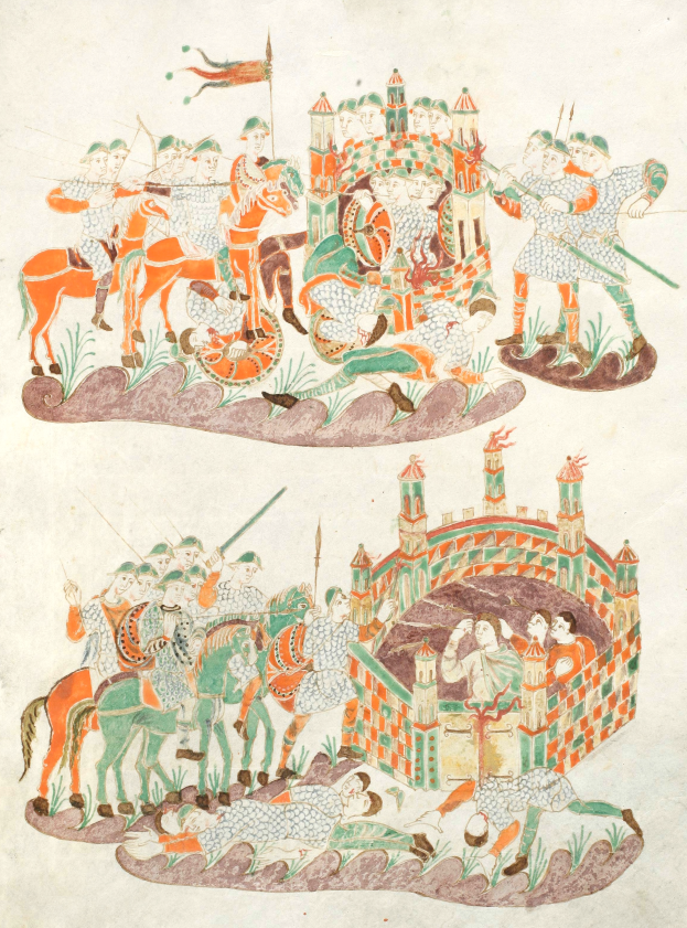 Eine mittelalterliche Handschriftenseite, die eine Kampfszene mit bewaffneten Rittern auf Pferden zeigt, ein Schloss im Hintergrund, umgeben von grünem Gras, Bäumen und einem tiefblauen Himmel.