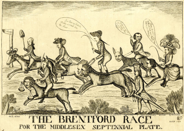 Plakat, das ein Pferderennen mit Reitern in einer Wiese zeigt, Pflanzen im Hintergrund und Text unten.