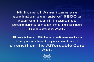 Blauer Hintergrund mit weißer Schrift, die besagt, dass Millionen von Amerikanern durchschnittlich $800 im Jahr an den Gesundheitsversicherungsprämien unter dem Inflation Reduction Act sparen, mit einem Logo.