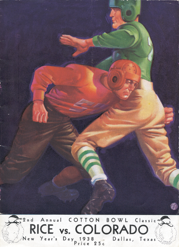 Ein Plakat, das ein Football-Spiel zwischen Rice und Colorado zeigt, mit zwei Spielern im Vordergrund und Text, der das Spiel beschreibt.