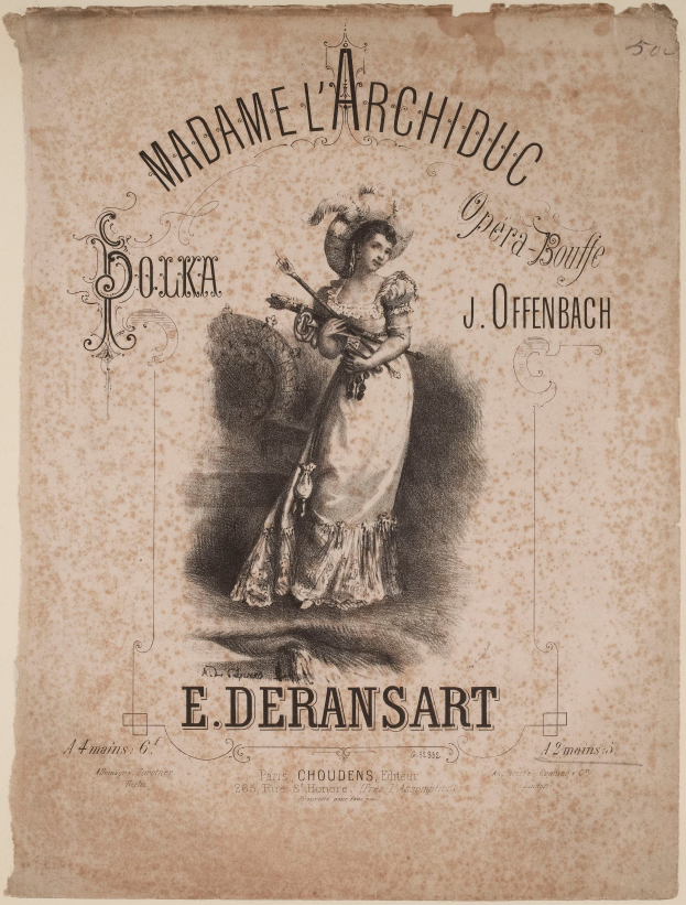 Ein Plakat von Madame L'Archiduc von J. Offenbach, das eine Frau mit einem friedlichen Ausdruck zeigt, die ein langes, wallendes Kleid mit einem hohen Kragen und langen Ärmeln trägt und ihr Haar zu einem Dutt gebunden hat, vor einem hellblauen Hintergrund mit fetter, schwarzer Schrift.