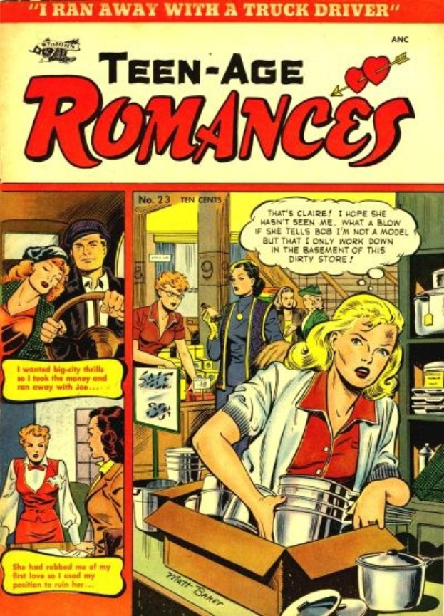 Ein leuchtender DC-Comics-Plakat titled 'Teen-Age Romances 23-A', das eine Gruppe von Menschen in einer fröhlichen, romantischen Umarmung mit fetter Schrift und bunten Farben zeigt.