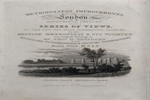 Ein altes Buchcover mit einer detaillierten Illustration einer Stadtlandschaft, einschließlich grüner Bäume und hoher Gebäude, mit klassischer Serifenschrift.