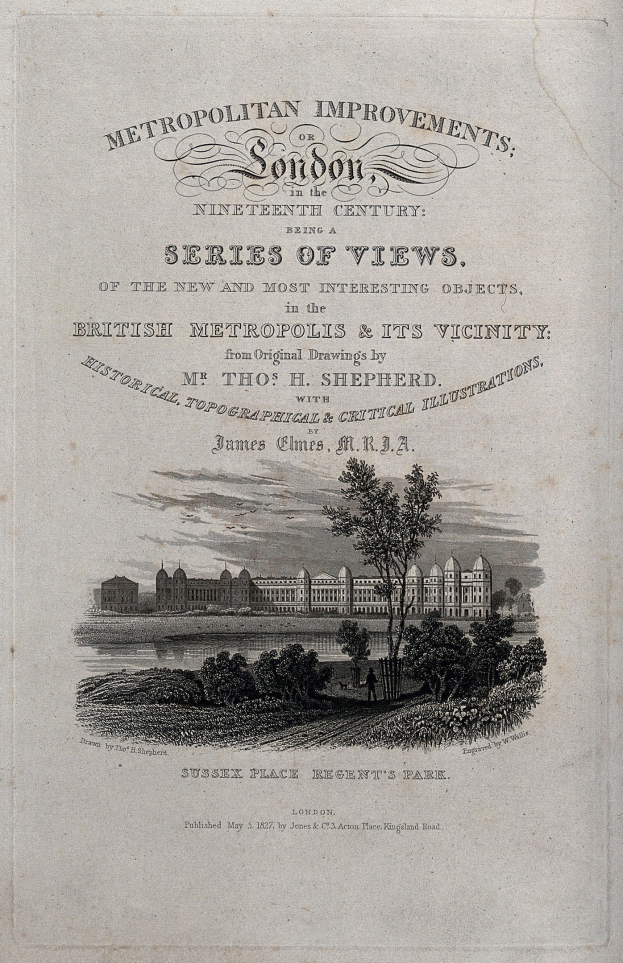 Ein altes Buchcover mit einer detaillierten Illustration einer Stadtlandschaft, einschließlich grüner Bäume und hoher Gebäude, mit klassischer Serifenschrift.