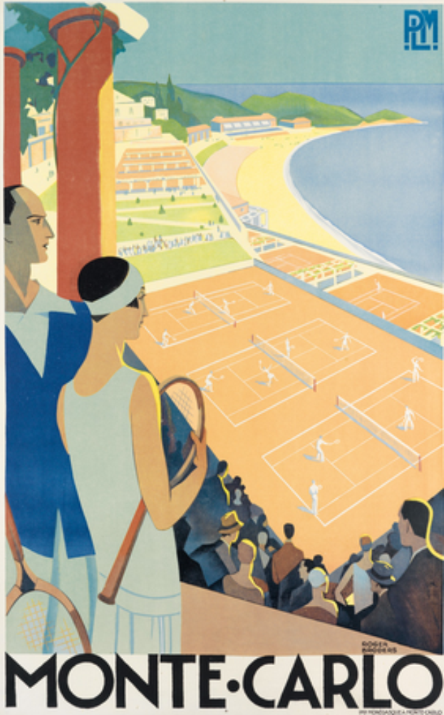 A poster advertising a tennis match in Monte Carlo, Italy, featuring a man and a woman holding tennis rackets on a court surrounded by green grass, trees, buildings, and a body of water in the distance, with the text "Monte Carlo" at the bottom.