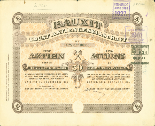 Alte deutsche Banknote mit einem Mann, "Bauxit Trust Aktiengesellschaft"-Text und einem Stempel auf der rechten Seite.