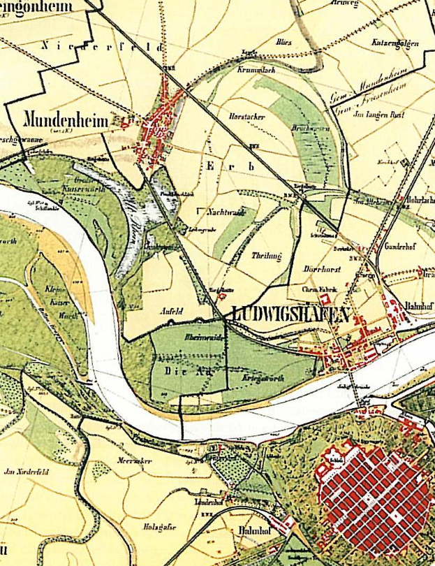 Ein detaillierter alter Stadtplan von Ludwigschaften, Deutschland, der Straßen, Gebäude und Sehenswürdigkeiten mit Textangaben zur Lage der Stadt zeigt.