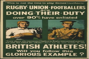 Britisches WWI-Recruiting-Plakat mit zwei Rugby-Union-Footballern in Militäruniformen mit Text über Athletensoldaten.
