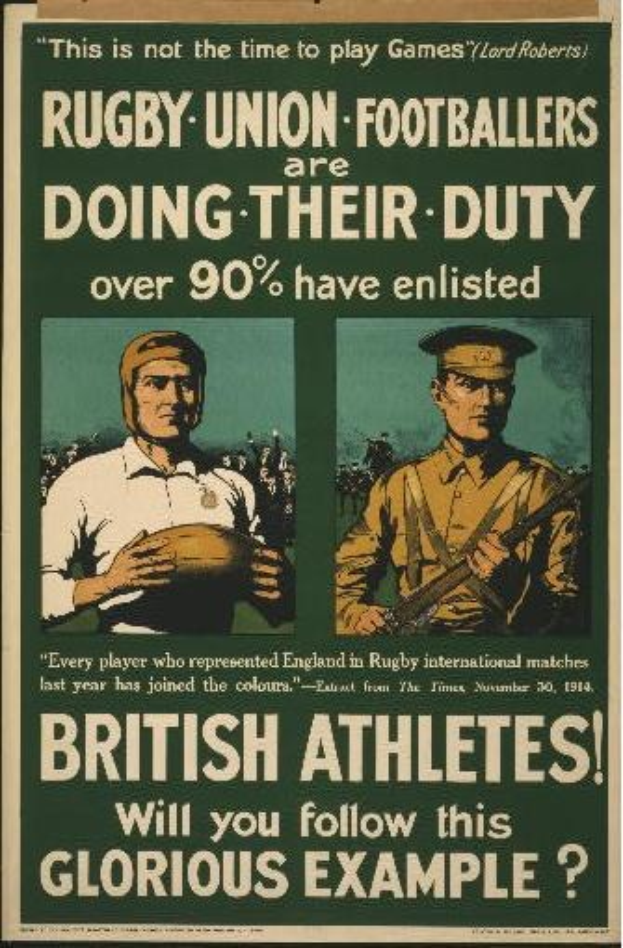 Britisches WWI-Recruiting-Plakat mit zwei Rugby-Union-Footballern in Militäruniformen mit Text über Athletensoldaten.