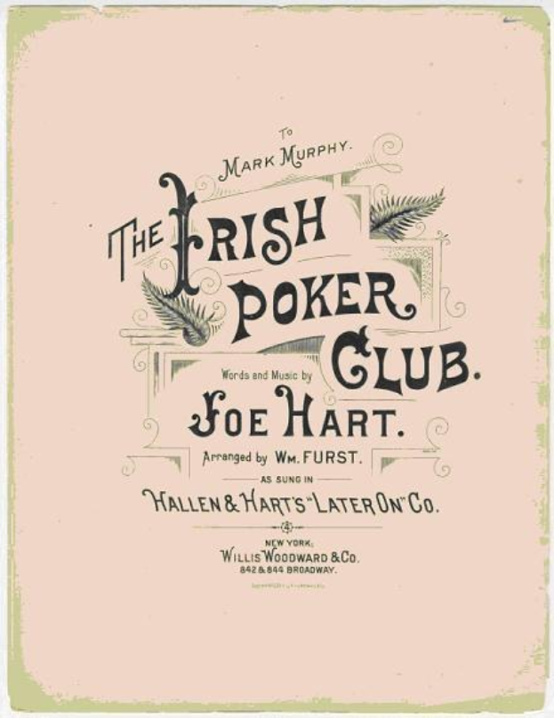 Plakat mit der Aufschrift "The Irish Poker Club" in fetter schwarzer Schrift auf einem weißen Hintergrund, umrahmt von einem schwarzen Rahmen.