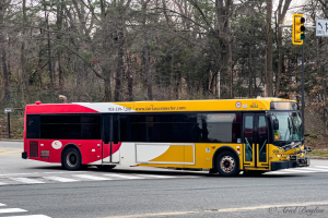 Ein gelber und roter Bus fährt auf einer Straße neben einer Ampel, mit einer Poller montierten Tafel und Signalampel rechts daneben, Bäumen im Hintergrund und einem klaren blauen Himmel.