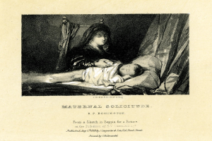 Eine Frau in einem weißen Kleid sitzt auf einem Bett und hält ein Baby nah an ihrer Brust, während das Baby sie zufrieden ansieht; das Bild trägt den Titel "Mütterliche Einsamkeit" von R.P. Bonington.