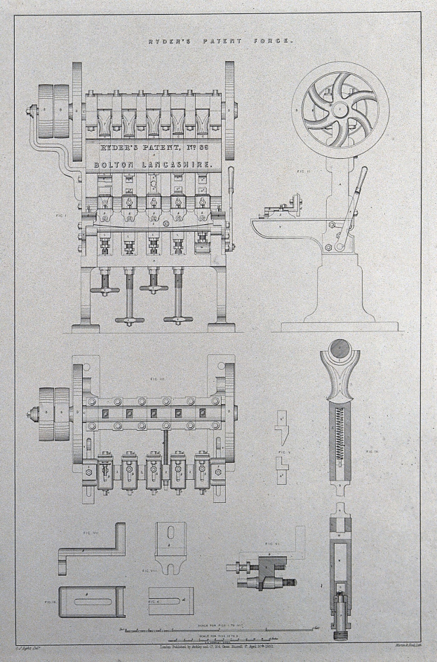 Zeichnung einer hydraulischen Pressmaschine mit einem großen Rad, begleitet von handgeschriebenem Text, der ihre Bauteile und den Betrieb beschreibt.