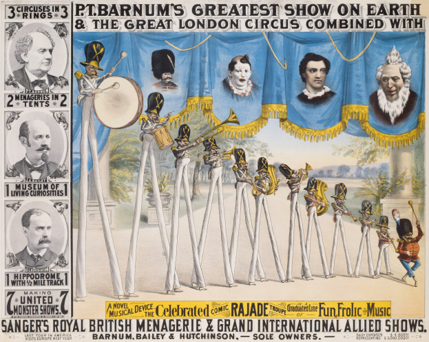 Plakat für den Großen Londoner Zirkus, das Künstler mit Musikinstrumenten vor einem Hintergrund aus Bäumen und Himmel zeigt, mit begleitendem Text.