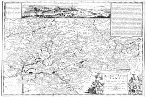 Ein Schwarz-Weiß-Plakat mit einer detaillierten Karte von Comitius Hanau, einschließlich Straßen, Gebäuden und Personenbildern sowie Text.