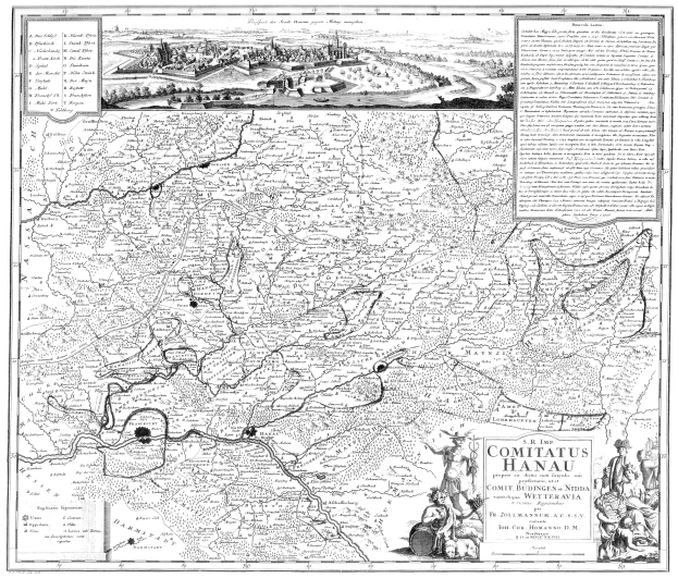 Ein Schwarz-Weiß-Plakat mit einer detaillierten Karte von Comitius Hanau, einschließlich Straßen, Gebäuden und Personenbildern sowie Text.