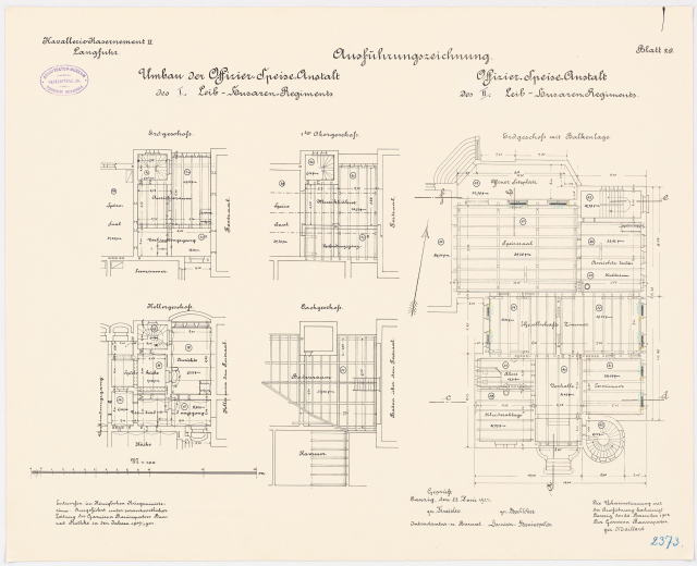 Ein detaillierter Grundrissplan des ehemaligen Bundeskanzleramts in der Bundesrepublik Deutschland, der architektonische Layouts und Anmerkungen zeigt.