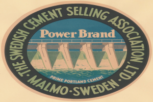 Plakat für die schwedische Zement-Verkaufsvereinigung mit einer Brücke über Wasser und dem Text 'Power Brand.'