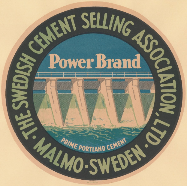Plakat für die schwedische Zement-Verkaufsvereinigung mit einer Brücke über Wasser und dem Text 'Power Brand.'