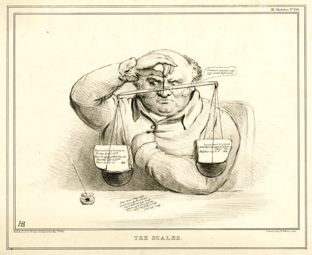 Ein Mann in einem Anzug sitzt an einem Tisch mit einer Waage der Gerechtigkeit, sieht entschlossen aus, mit Papieren vor ihm, die Wörter und Zahlen enthalten.