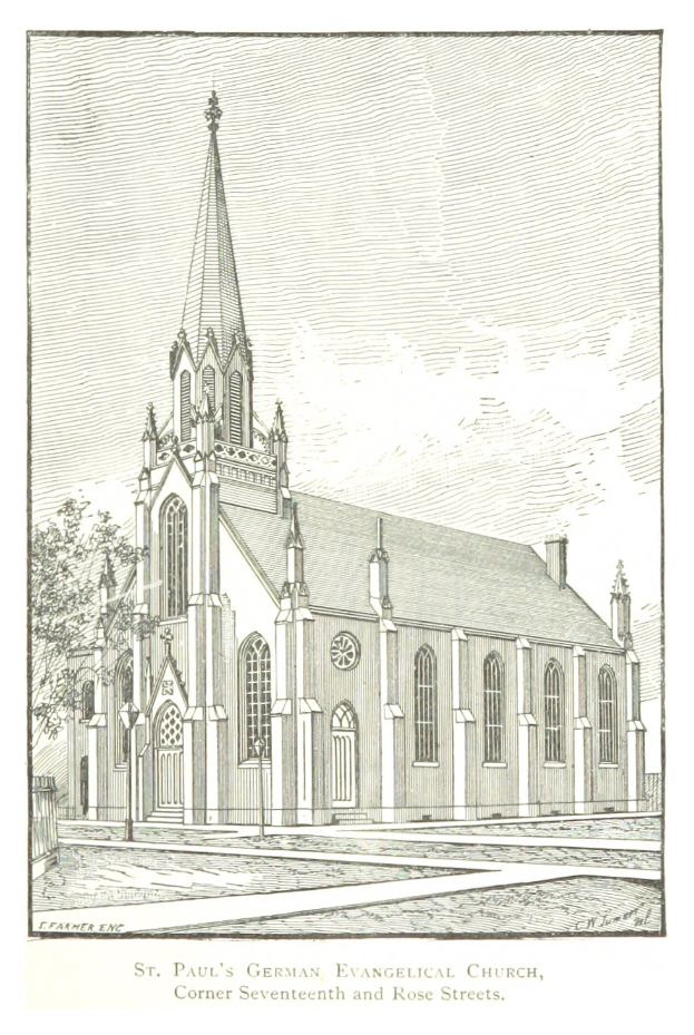 Eine Zeichnung der deutsch-evangelischen St. Pauls-Kirche mit einem Baum im Vordergrund und einem klaren blauen Himmel im Hintergrund, mit Text am unteren Rand des Bildes.