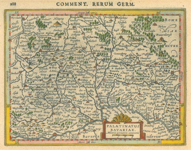 Alte Deutschlandkarte mit den Provinzen Pfalz und Bayern und handgeschriebener Text auf altem Papier.