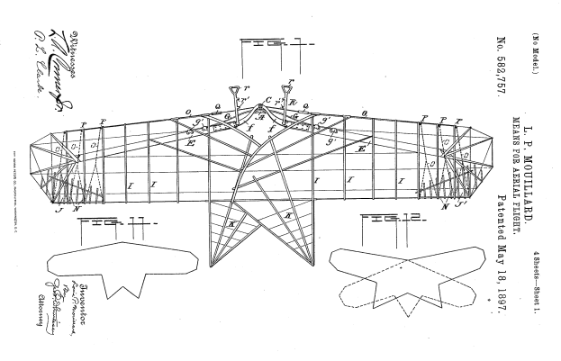 Ein detailliertes Patent-Zeichnung eines Modellflugzeugs auf einem weißen Hintergrund, mit Text und Nummern, die angeben, dass es ein Patent ist, das verschiedene Komponenten wie Flügel, Heck und Propeller zeigt, zusammen mit Modellnummer, Namen und anderen Details.